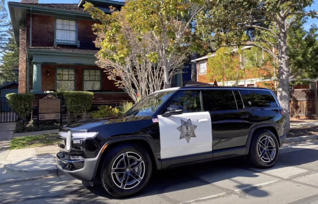 Rivian R1S sporting the Palo Alto Police Department branding